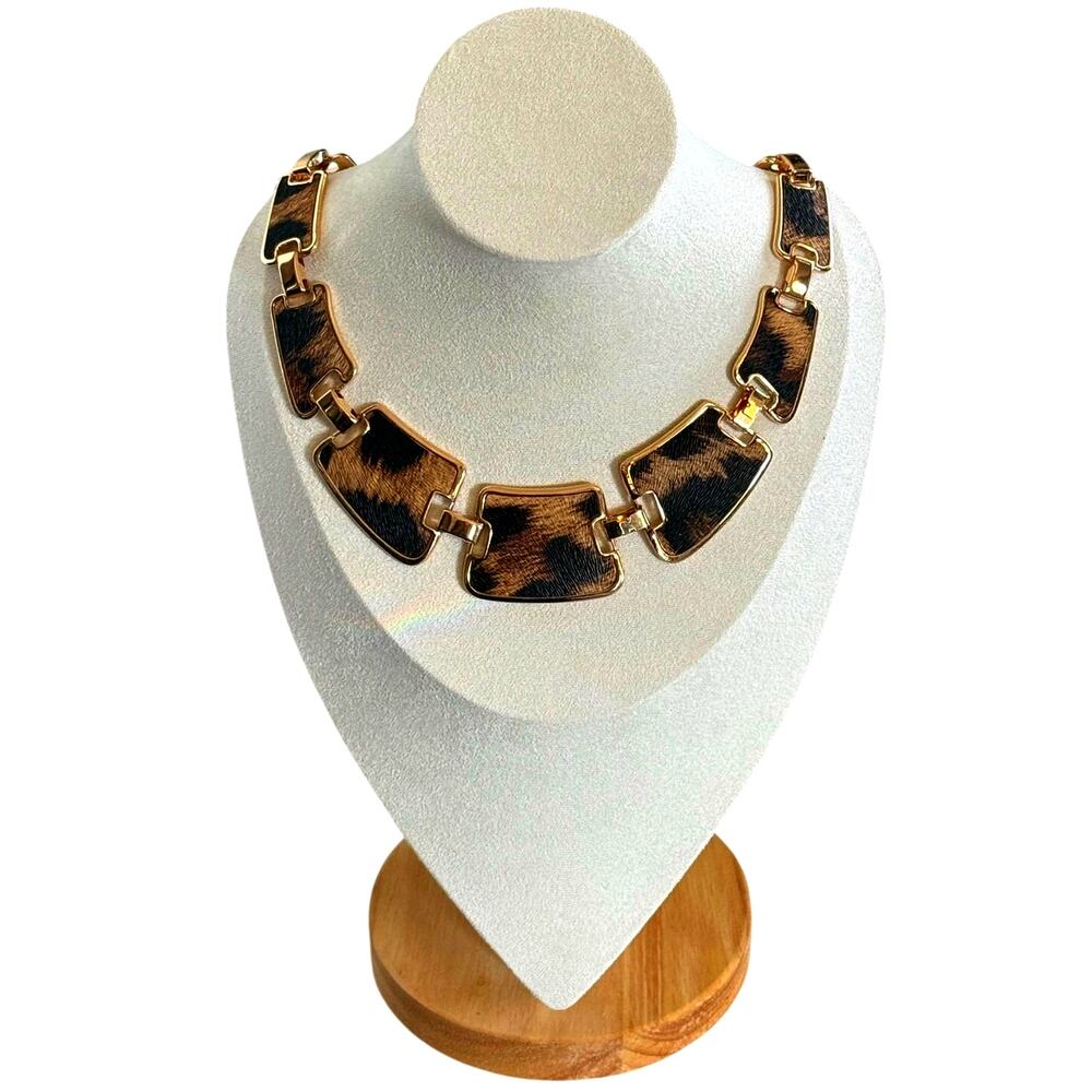 Cow Print Statement Necklace Goldtone Chunky Western Cowgirl Animal Print 20"